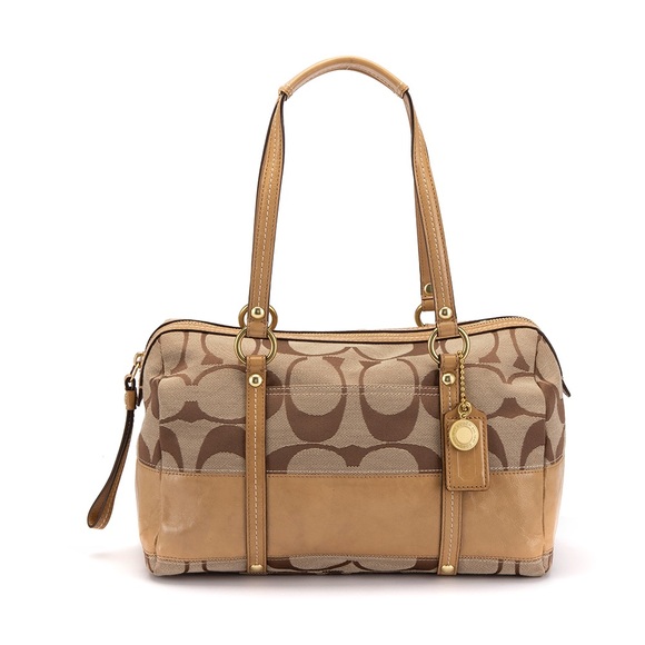 Authentic Coach handbag in brown/tan “C” monogram and gold sparkle accents - Picture 2 of 12